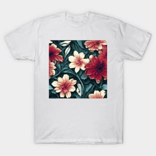 Vintage Floral Romantic Red and Peach Flower Design T-Shirt